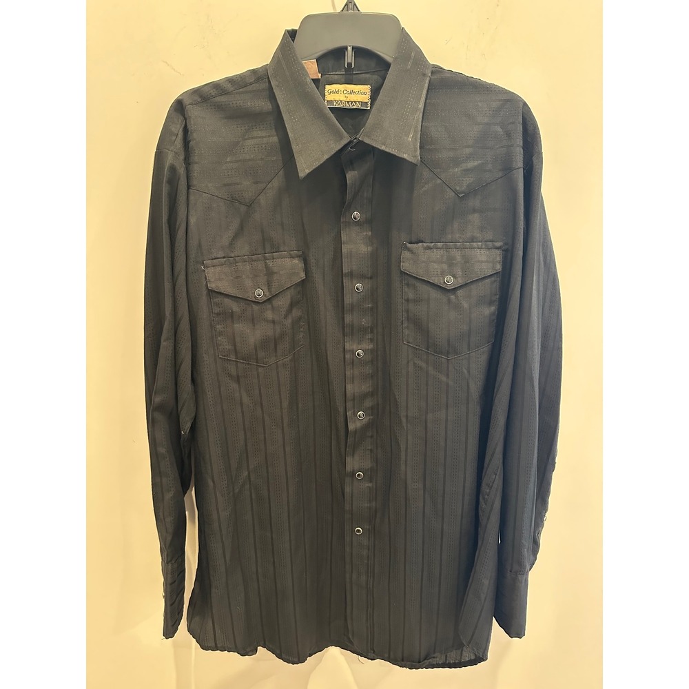 Vintage Karman Gold Collection Black Western Shirt XL Tonal Stripe Made in USA